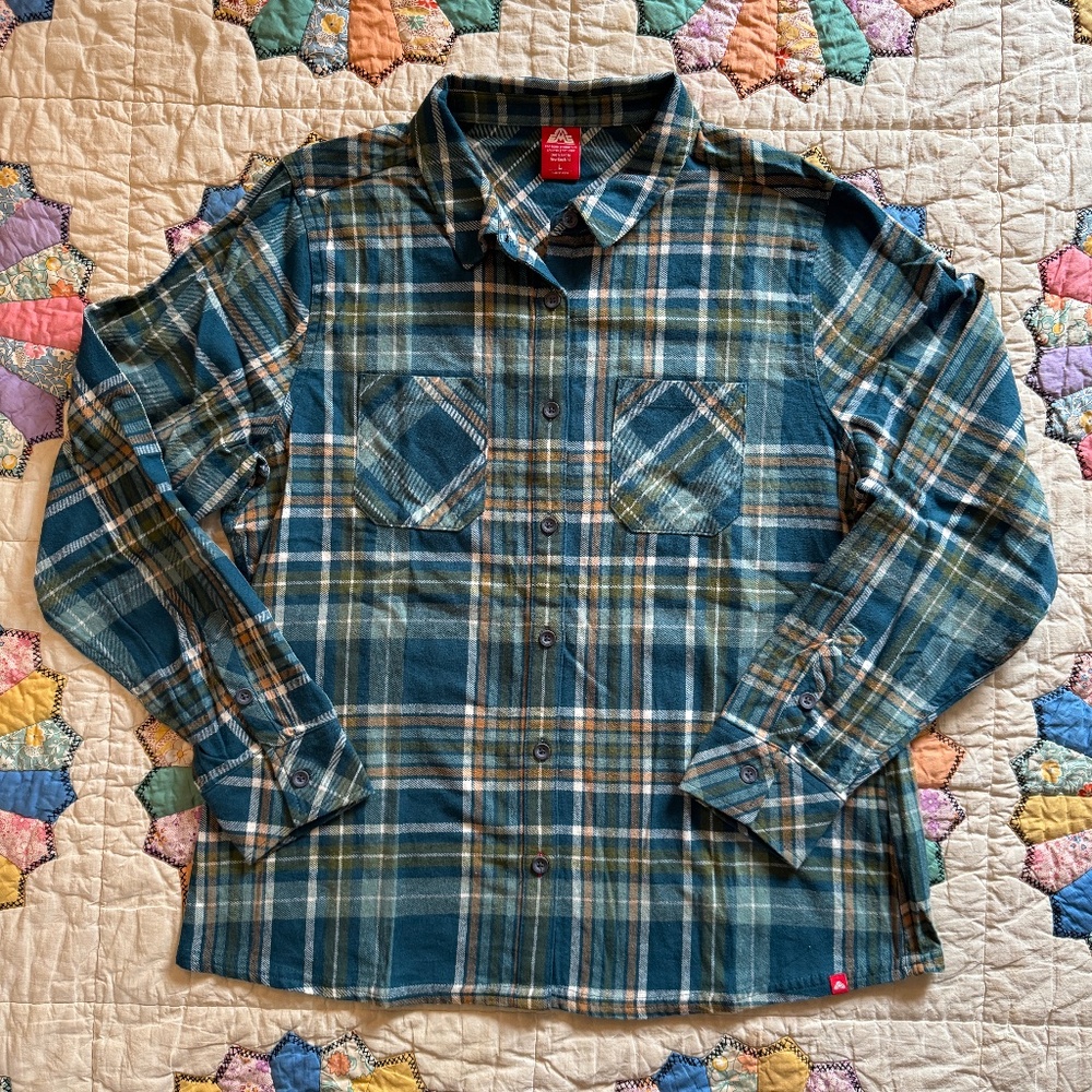 Eastern Mountain Sports Women's Teal Green Plaid Flannel Shirt Size Large